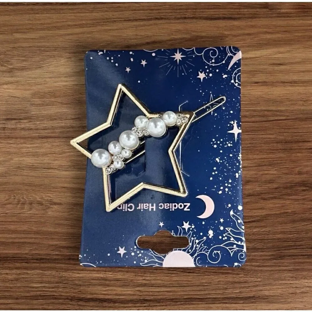 NWT 2 Inch Zodiac Gold Plated Metal Faux Imitation Pearl Star Hair Clip Barrette